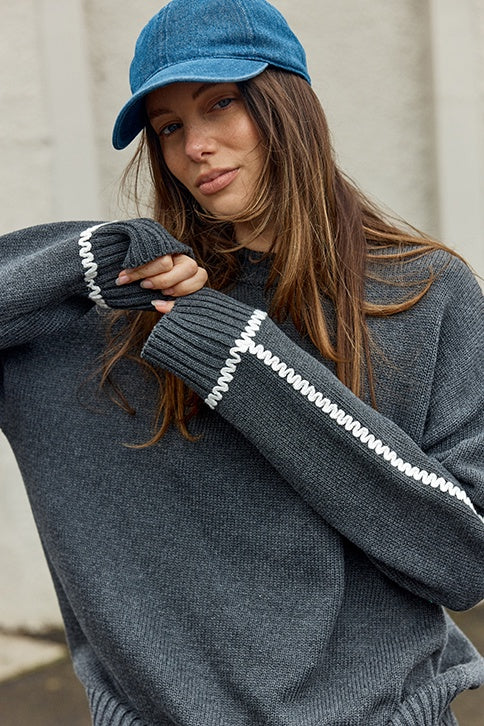 Cha Contrast Stitch Sweater Charcoal