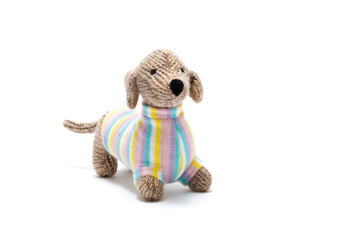 Knitted Sausage Dog rattle pastel jumper