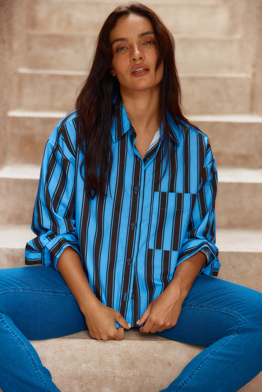 Cho Erin Crop Shirt Chocolate/Cornflower Stripe