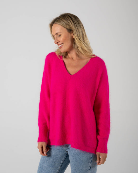 V Neck Dolman Sl Sweater - Hot Pink