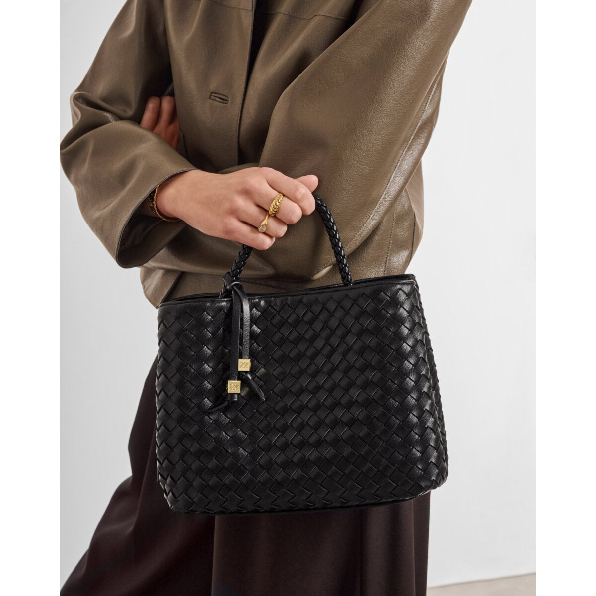 Nova Hand Woven Top Handle Bag in Black